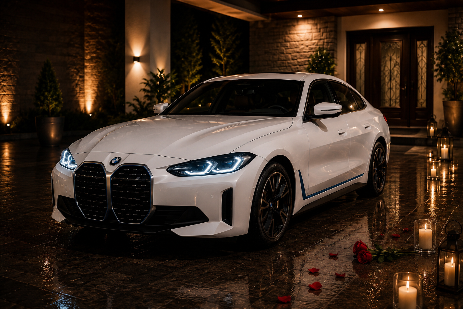 White BMW i4 at a candlelit entrance with rose petals on wet stone